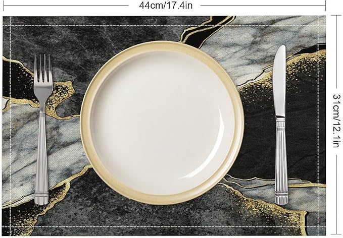 Marble Linen Placemats Set of 4, Modern Abstract Foil Texture Grey Black Marble 12x17 Inch Washable Table Mats Non Slip Placemats for Wedding Party Kitchen Banquets Dining Decoration