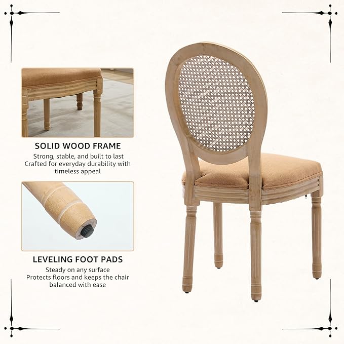 Vintage French Rattan Dining Chairs Set of 2, Round Back Accent Chairs with Rattan Backrest and Upholstered Linen Seat, Solid Wood Frame Sillas de Comedor for Dining Room & Kitchen, Camel