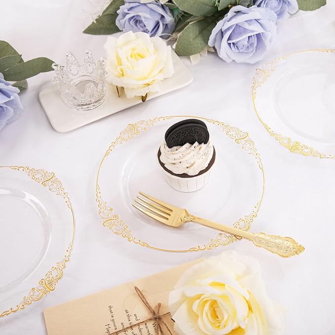 Morejoy 100pcs Gold Plastic Plates - Clear Gold Disposable Plates - 7.5 inch clear and gold dessert plates, Clear Plastic Plates with Gold Rim for Weddings & Parties & Shower