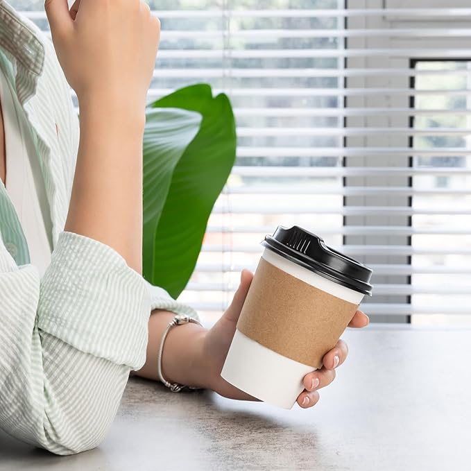 RACETOP 12 oz 100 Pack Disposable Paper Coffee Cups with Lids and Sleeves, Hot Cups, Paper Cups with Lids, Ideal for Home/Office