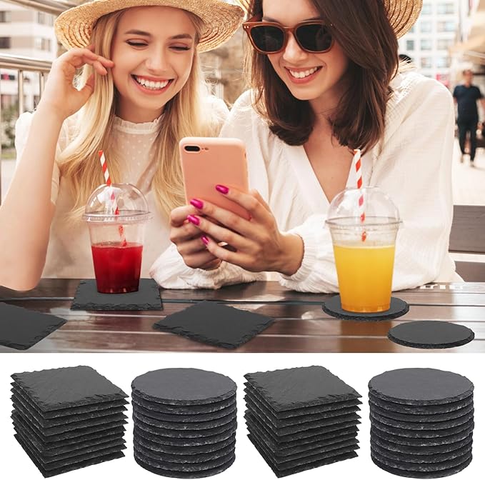 50 Pack 4 Inch Slate Coasters for Drinks, Black Stone Coasters with Anti-Scratch Bottom, Ideal for Home Decor, Bar, Housewarming Gifts, and Laser Engraving KUKLIPJIM