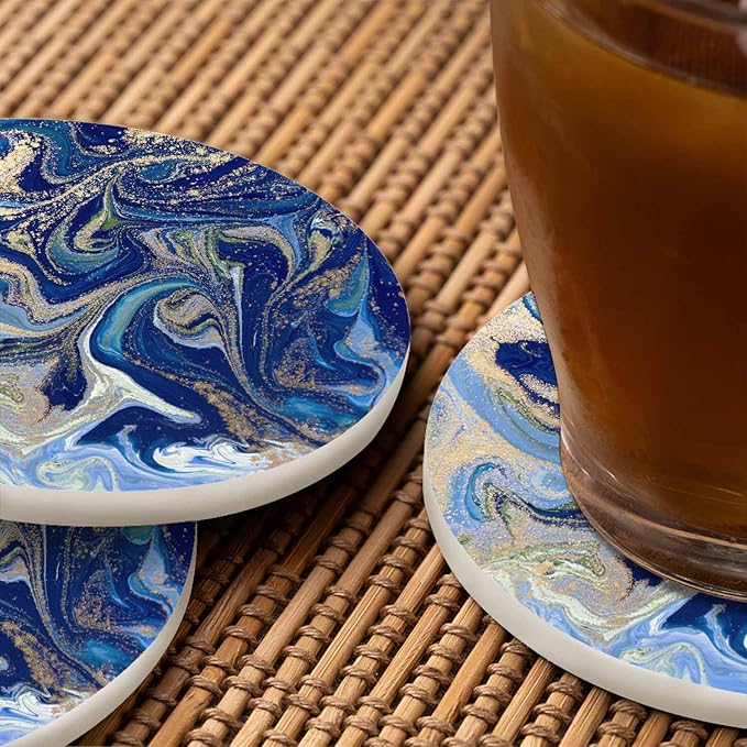 Blue and Gold Liquid Marble Coasters for Drinks 2 Pack Ink Marbling Fluid Splash Beautiful Blue Acrylic Tabletop Protection Kitchen and Coffee Table Décor & Accessories,Set of 2