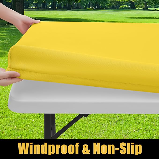 Smiry Rectangle Picnic Table Cloth, Waterproof Elastic Fitted Tablecloths for 8 Foot Tables, Washable Polyester Table Cover for Camping, Indoor and Outdoor (Yellow, 30"x96")