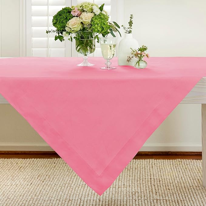 Solino Home Linen Tablecloth 52 x 52 Inch - 100% Pure Linen Pink Carnation Square Tablecloth - Fete, Machine Washable Table Throw for Valentines, Spring, Easter