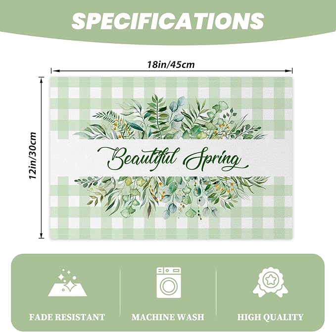 AOFOTO Green Plaid Placemats Set of 4 Beautiful Spring Leaves Printed Place Mats Washable Rectangular Table Mats for Party Home Kitchen Restaurant Dining Table Decor 12x18 Inch