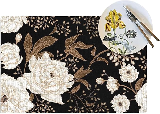 Placemats Set of 4 Vintage Peony Place Mats Beige Floral Leave Rustic Black Woven Table Mats Washable Beige Flower PVC Placemat for Dining Kitchen Decor Indoor Outdoor, 12 x 18 Inch