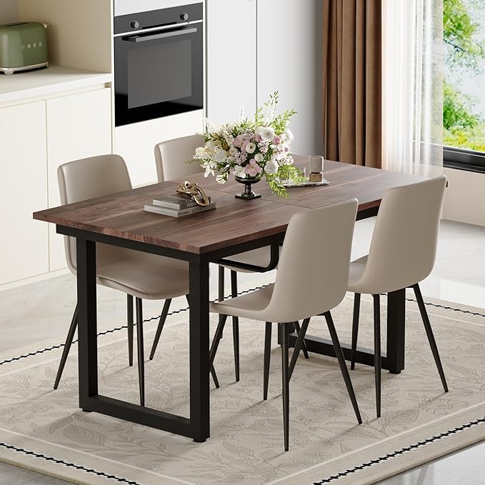 Extendable Dining Table Set for 6, 55"–71" Modern Wood Kitchen Table with 6 Upholstered Chairs, Space-Saving for Living Room Apartment, Sturdy & Comfortable, Easy Assembly
