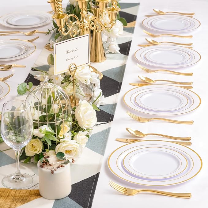 NOCCUR 200PCS Gold Plastic Plates - 100 Dinner / 100 Dessert Disposable Plates Heavy Duty - Ideal for Wedding/Party/New Year