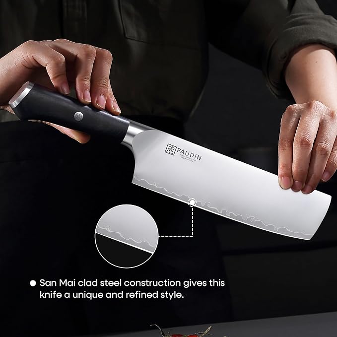 PAUDIN Nakiri Knife 7 Inch, High Carbon Stainless Steel Chef Knife, Ultra Sharp Asian Kitchen Knife for Meat and Vegetable, Chopping Knife with Ergonomic Wooden Handle