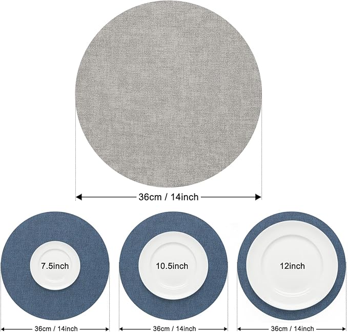Myir JUN Reversible Vinyl Round Placemats Set of 8, Faux Leather Place Mats Dual Sided Waterproof Wipeable, Heat-Resistant Table Mats for Kitchen Dining Indoor Outdoor (14", Light Gray Navy Blue)
