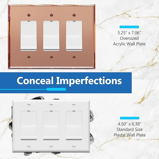 LIDER Reflective Acrylic Decorator Wall Plate, Mirrored Light Switch Plate, Plexiglass Outlet Cover, Acrylic Glass, Oversized 3-Gang 5.25" x 7.06", LWP-33O-ARG, Rose Gold