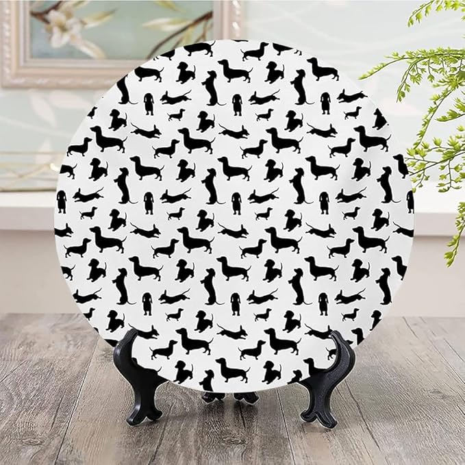 Decorative Plates, Dog Lover Print Ornament, Monochrome Dachshunds in Numerous Stances Active Life, 8 Inch, Kitchen Wall Decor, Black White