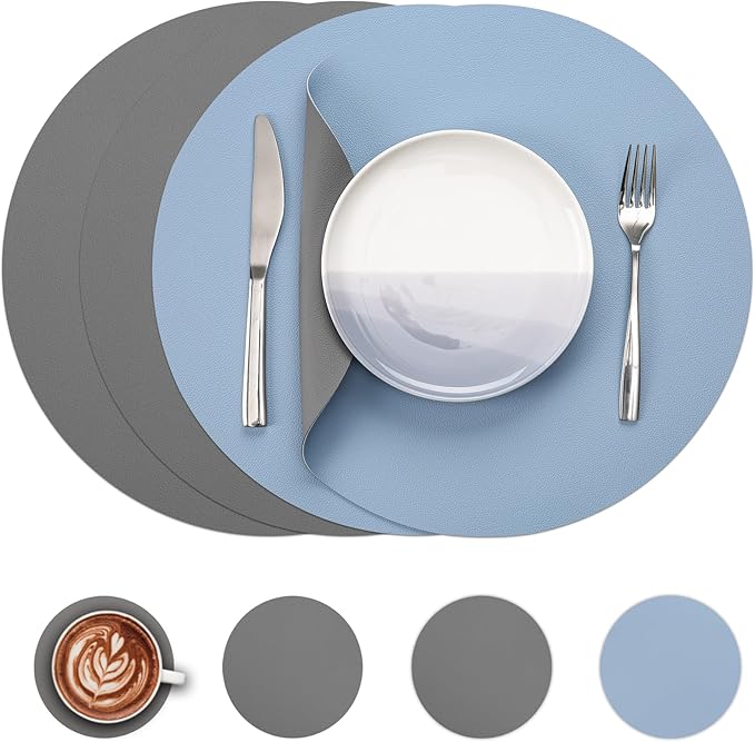 Myir JUN Round Placemats Set of 4 Faux Leather Place Mats and Coasters 15 inch Round Table Mats Dual Sided Non-Slip Stain Resistant Placemats (Gray & Sky Blue, Set of 4)