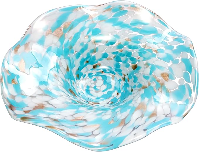 Hand Blown Murano-style Art Glass Bowl, 10.2-Inch Large Decorative Centerpiece for Table, Cobalt Blue Fruit Display & Kitchen Counter Decor