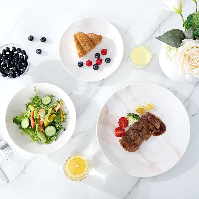Bestone 12 Pieces Round Kitchen Dinnerware Sets,Plates and Bowls sets,Dishes, Plates, Bowls, Dish Set，Plates and Bowls,Service for 4, Orange and White Marble