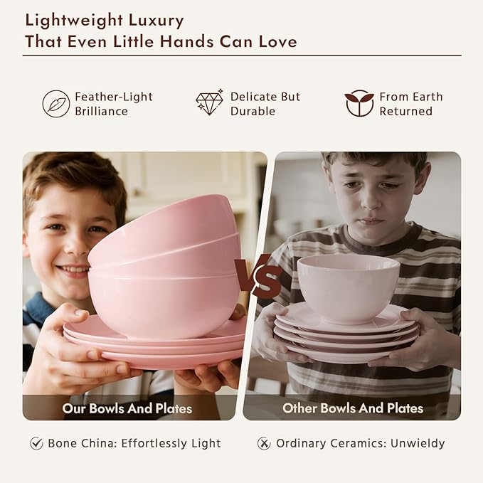 KINGSTONE Bone China Dinnerware Sets, 18-Piece Dinnerware Set for 6, Lightweight Durable, Dishwasher Safe, Tableware for Daily Use with Elegant Design, Pink