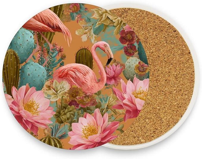 Coasters for Drinks Coaster Drink Set Decorative Coffee Table Desk Cup Mat Spring Cute Cork Bar Backing Round Home Decor Orange Flamingos and Green Cactus Flowers23