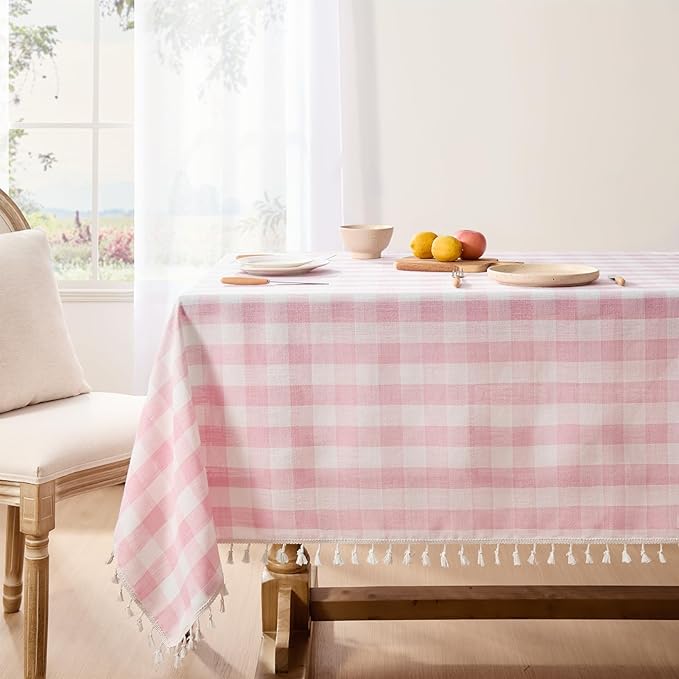 Softalker Valentines Pink Gingham Tablecloth Rectangle, Outdoor Linen Cotton Checkered Table Cloth with Tassel, Heavy Duty Wrinkle Free Plaid Table Cover for Easter Dining Spring Party - 55 x 70 Inch