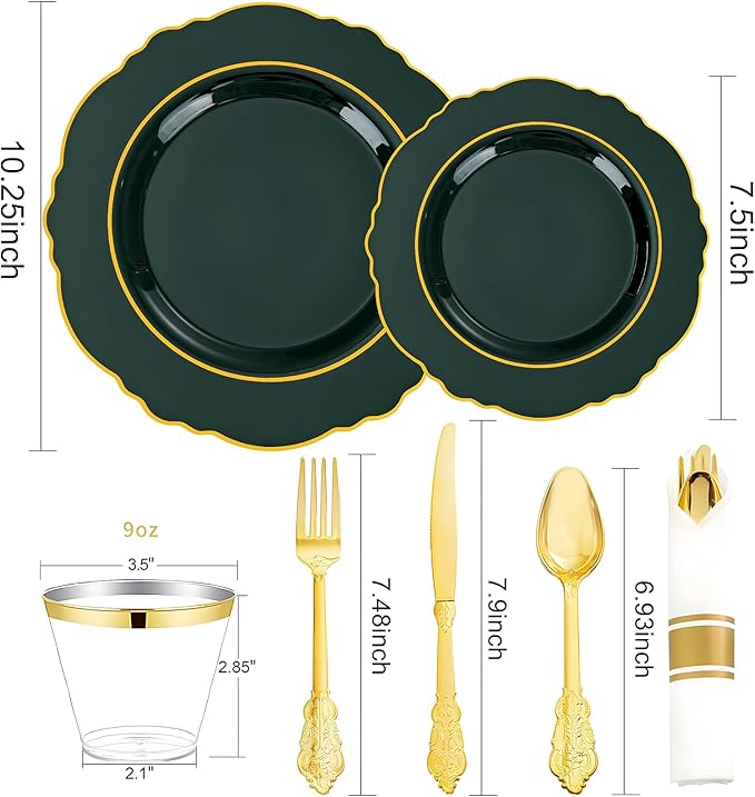 Liacere 350PCS Green Plastic Plates - Dark Green Disposable Plates With Gold Rim - 50Guest Baroque Plastic Dinnerware include 100Plates-50Pcs Pre Rolled Napkins with Silverware 50Cups for Christmas