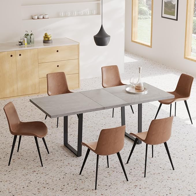 ZckyCine Modern Mid-Century Dining Table Set for 6-8 People Kitchen Dining Room Table Set Extendable Wood Dining Table and 6 Upholstered Chairs, Home Kitchen Furniture