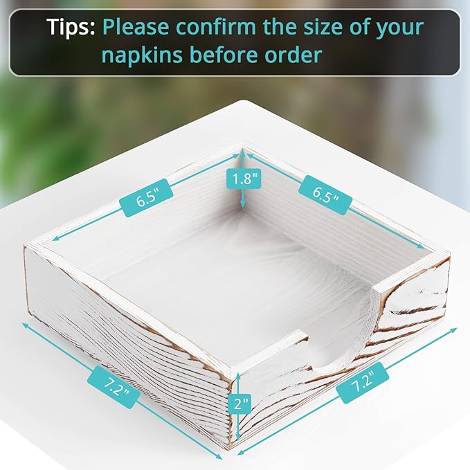 Napkin Holder for Table, White Washed Wood Napkins Holders For Paper Napkins, Flat Napkin Holder for Luncheon, Napkin Holders for Kitchen Dinner Decor, Napkin Dispenser for Indoor & Outdoor Use
