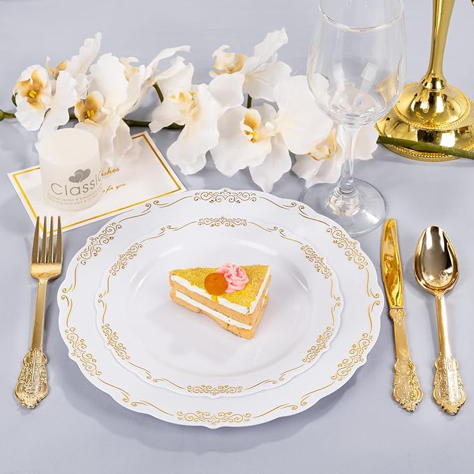 DaYammi 60PCS White and Gold Plastic Plates, Disposable Heavy Duty Plates Premium 7.5inch White Dessert Cake Salad Appetizer Plates Hard Plastic Platos Disposable for Party Wedding