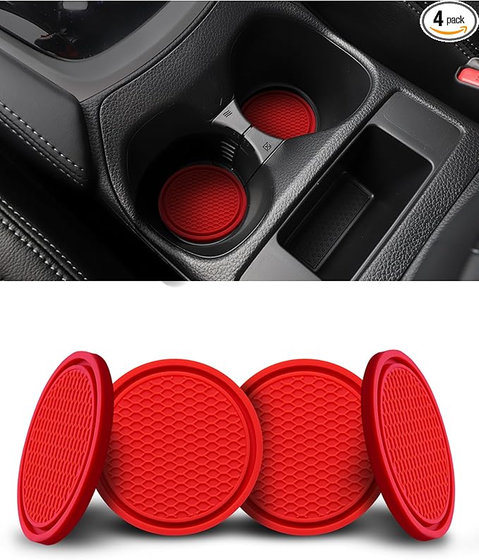 4 Pack Car Cup Coasters, Universal Non-Slip Silicone Cup Holder Inserts, Car Interior Accessories, Red