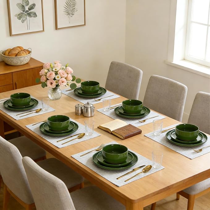 GZG Modern Art Series - 18 Pcs Speckled Stoneware Plates and Bowls Sets, Ceramic Dinnerware Set with Rustic Terracotta Underside, Microwave and Dishwasher Safe Handcrafted Dishes Set - Verdant Green