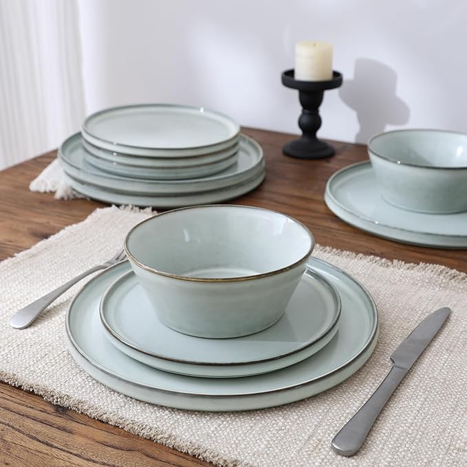Famiware Plates and Bowls Sets, Annecy Stoneware Dinnerware Sets for 8, 24 Pieces Dish Set, Plate with Lip Edge, Reactive Glaze Tableware - Microwave & Dishwasher Safe, Grey-Blue