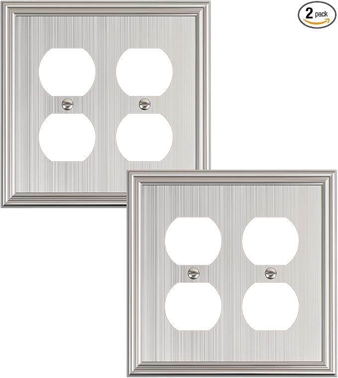2-Pack Double Duplex Outlet Cover, Brushed Nickel Decorative Switch Plates and Outlet Covers for Electrical Outlets, Durable Zinc Alloy Wall Plates, 2 Gang Receptacle Cover