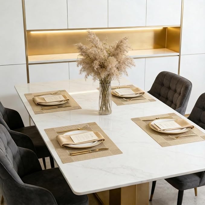 Placemats,Table Place Mats for Kitchen Dining, Heat-Resistant Anti-Skid Stain Washable PVC Table Mats, Easy to Cleaning Woven Vinyl Dinner Mats (Gold, 6 Pack)
