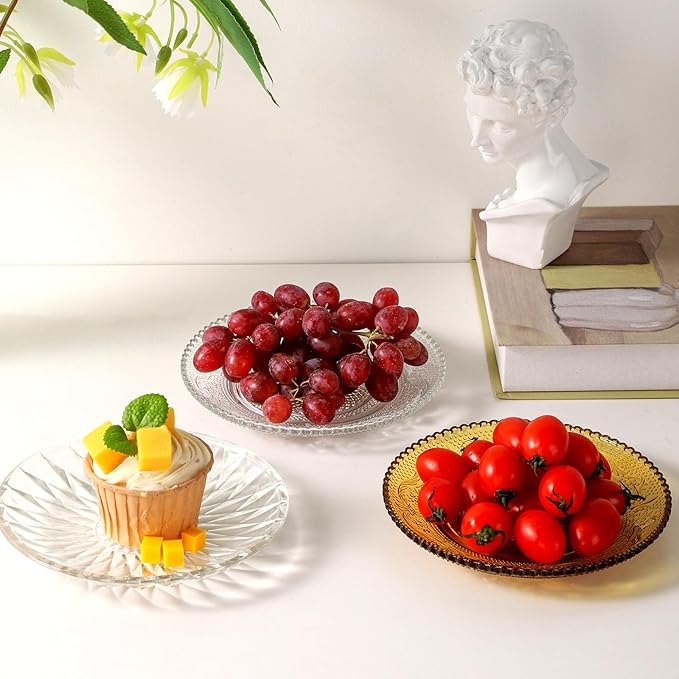 WHJY 6 Inch Clear Glass Plates 4 Pack Vintage Dinnerware Set Transparent Diamond Textured Dinner Plates for Home Party Wedding Crystal Glass Dishes for Fruit Salad Appetizer Dessert