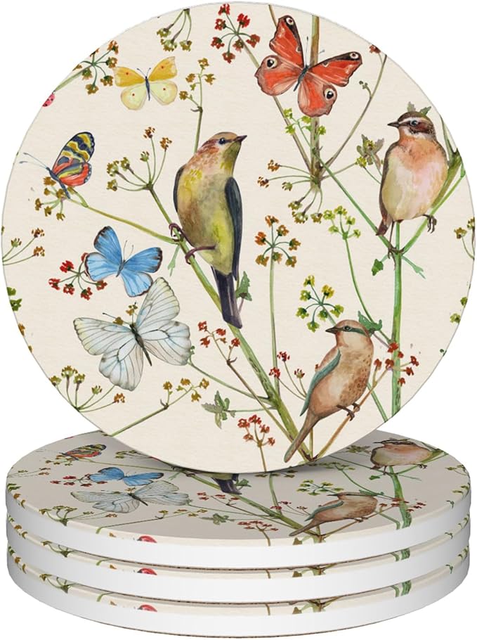 Coasters for Drinks,Vintage Birds and Butterflies Absorbent Coaster Set of 4 with Cork Base,Ceramic Drink Coasters for Cold Drinks Wine Glasses Cups Mugs,Housewarming Gifts for Home Decor