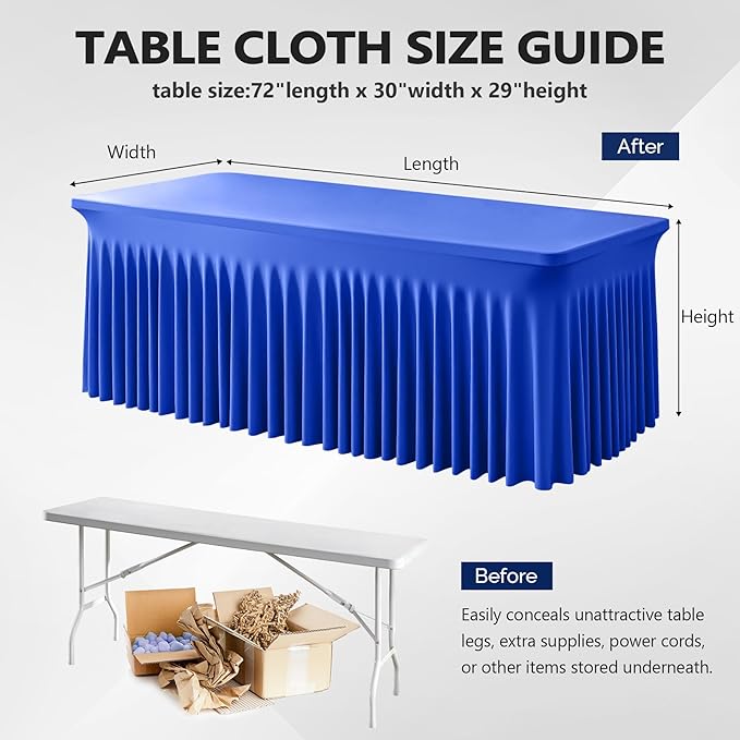 Wish Care 6 Pack Royal Blue Spandex Table Clothes for 6 Foot Rectangle Tables, 6FT Wrinkle Free Fitted Tablecloths Ruffles Design Table Cloth for Party, Banquet, Wedding and Events