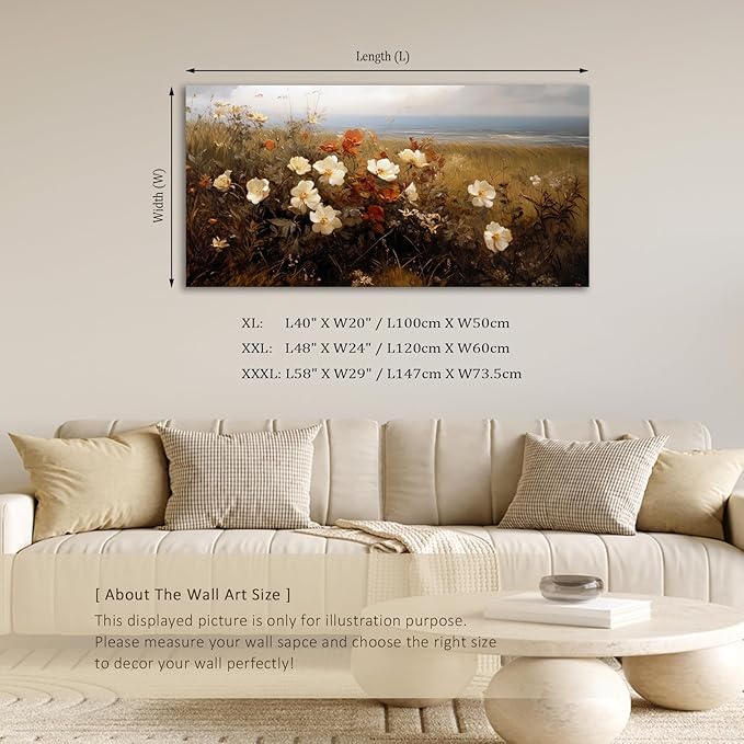 ADJUVANT Wall Art Vintage Coastal Wildflower Field 60"L x 30"W, Seaside Meadow With White And Orange Blooms Canvas Painting Nature Artwork Retro Floral Prints Botanic Wall Decor for Living Room Bedroom
