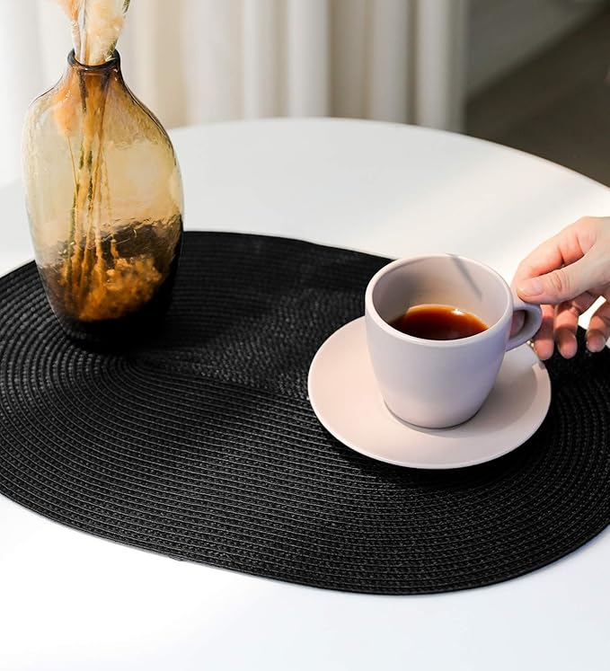 FunWheat Oval Braided Placemats Set of 6 Table Mats for Dining Tables Washable Heat Resistant Place mats for Daily Use 12 x18 Inch (Oval Black, 6pcs)