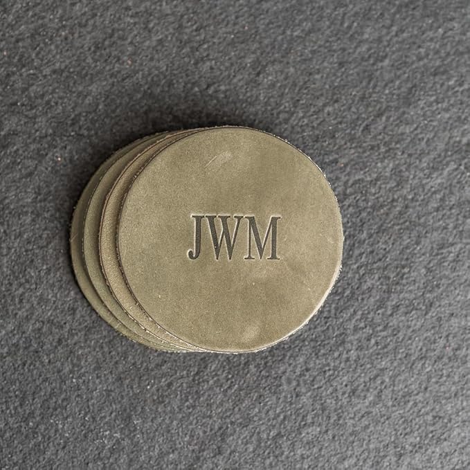 Ox & Pine Personalized Leather Coaster - Sold Individually or in Sets of 4 - Customize Inscription - 100% Full-Grain Leather – 4" Round or 4" Square (Round, Harvest, Set of 4 Coasters)
