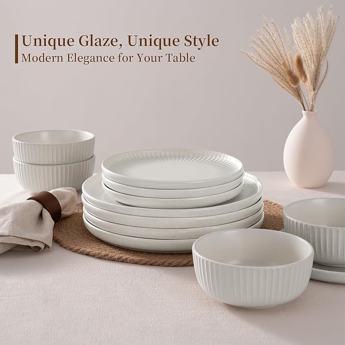 Famiware Starlight Plates and Bowls Dishes Set of 4 (12 Pieces), Ribbed Textured Stoneware Dinnerware Sets- Dishwasher & Microwave Safe, Chip Resistant, Matte Reactive White