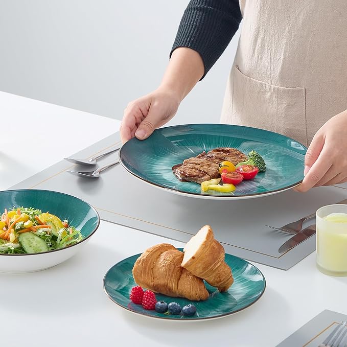 Bestone Porcelain Dinnerware Sets Service for 4, 12 pcs Hand drawn Plates and Bowls Sets, Handmade Ceramic Dish Set, Chip Resistant Modern Plate Set, Dishwasher/Microwave Safe，Starburst Green