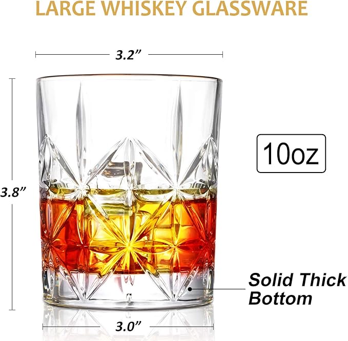 Whiskey Glass, Whiskey Glasses Set of 4, 10 oz Thick Bottom Old Fashioned Rock Glasses for Men, Father's Day, Premium Whisky Gifts for Bourbon, Scotch, Cocktail(Glass Set 4)