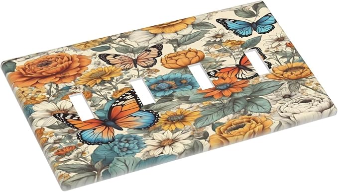 Light Switch Cover Vintage Colorful Floral Butterfly Flowers 4 Gang Switch Plate Quad Toggle Wall Plates Decorative Switchplate Electrical Outlet Cover for Bathroom Bedroom Decor