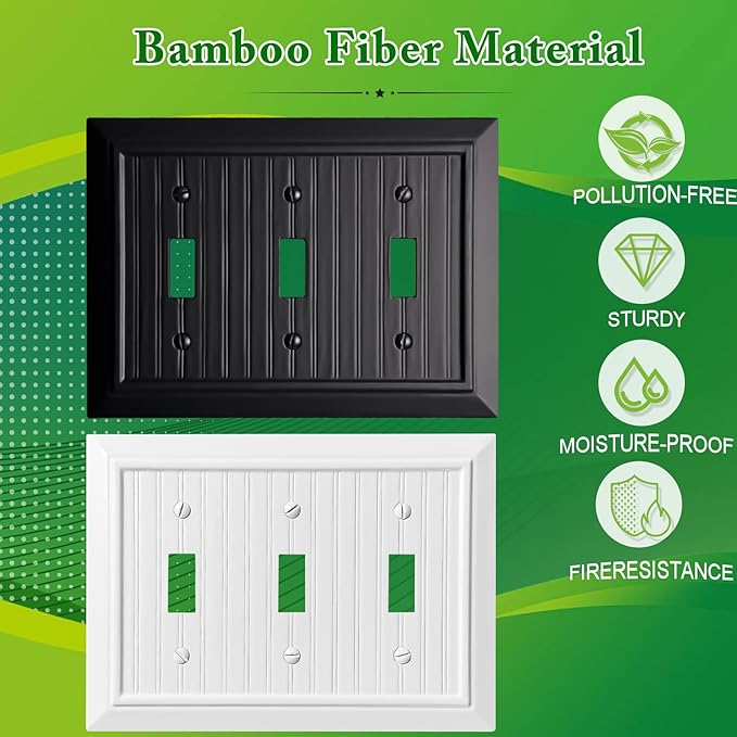 Beadboard Outlet Covers Wall Plates, Bamboo Fiber Light Switch Covers, Natural Material Electric Receptacle Decorative Switch Plate Outlet Cover Matte Black (3 Gang Toggle 1 Pack)