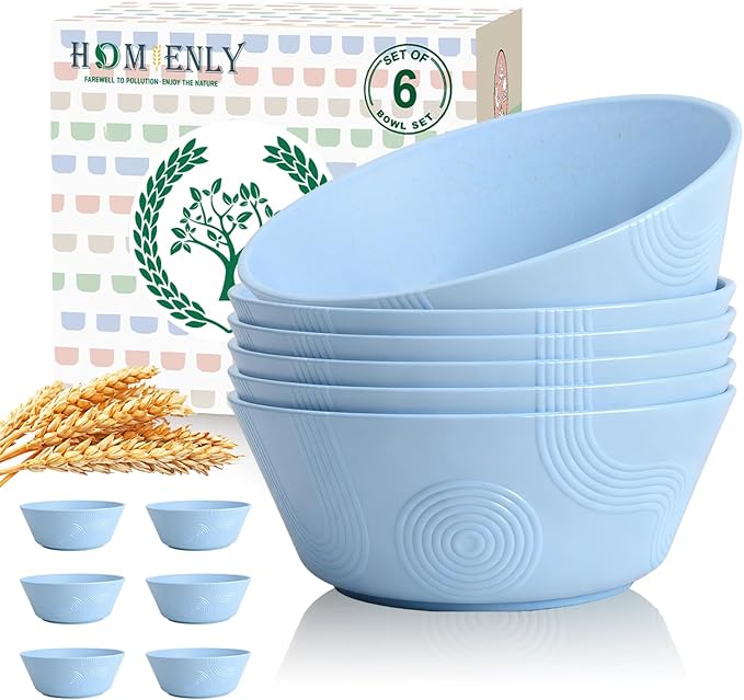 Homienly Wheat Straw Bowls 36 Oz Set of 6 - Unbreakable Microwave Safe Soup Bowls & Cereal Bowl, Reusable Plastic Bowls for Kitchen, Dining, Camping, Party, Dishwasher Safe Ramen Bowl (Sky Blue)