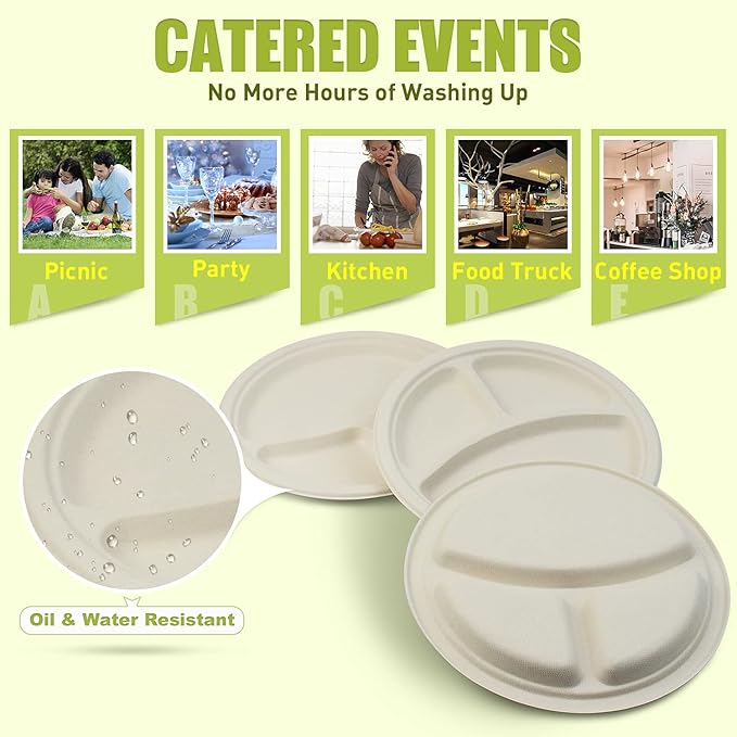 Green Earth, 10-Inch, 500-Count, 3-Compartment Compostable Plates, Natural Bamboo Fibers, Everyday Tableware - Biodegradable - Disposable Round Shape