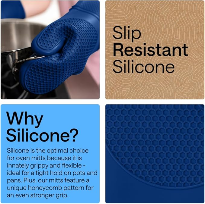 GORILLA GRIP BPA-Free Soft Silicone Oven Mitts, 14.5x8.3, Heat Resistant and Waterproof Cooking Gloves, Thick Cotton Lining, Flexible Gripping for Baking Grilling, Kitchen Potholders Set of 2, Blue