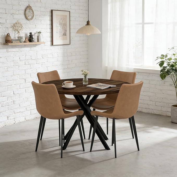44" Round Dining Table with Chair Set for 4, Modern Mid-Century Dining Table Set of 4, Cozy Dinette Sets with Metal Leg for Kitchen Dining Room Apartment(Walnut Table + Brown Chairs)