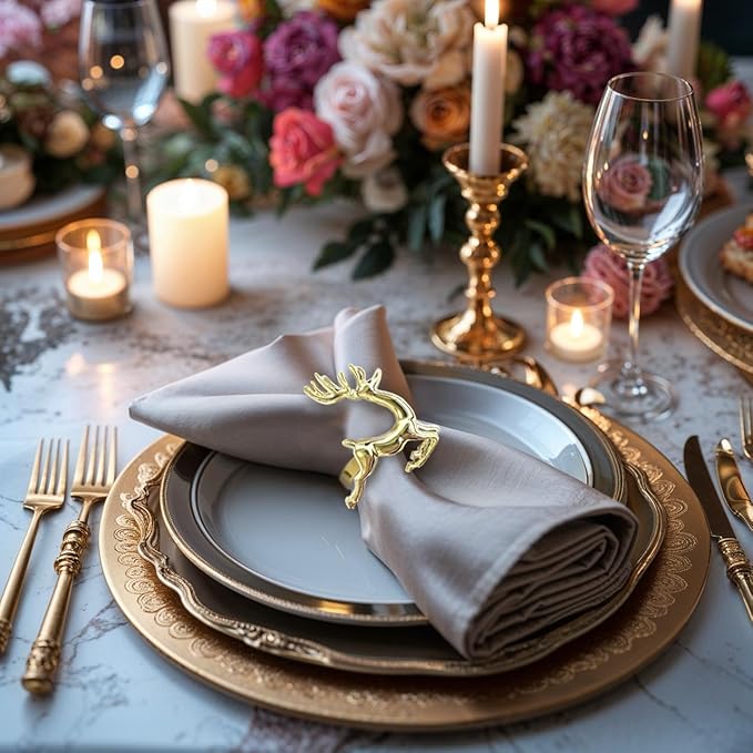 Decozen Set of 8 Gold Napkin Rings in Stag Design Festive Table Decor Setting for Holiday Wedding, Birthday, Kitchen, Home Decor Housewarming Gift - Thanksgiving & Christmas Gift Decoration