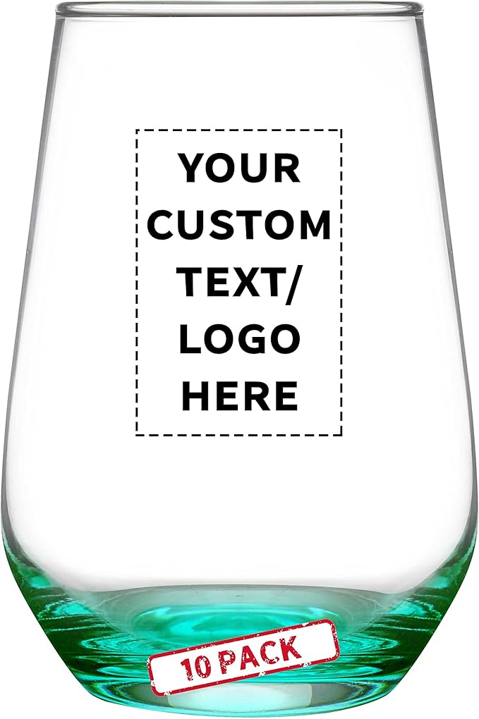 DISCOUNT PROMOS 10 Vaso Silicia Stemless Wine Glasses Set, 16 oz. - Personalized Text, Logo - Clear, Orb-Like, Thick base - Green