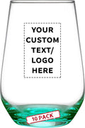 DISCOUNT PROMOS 10 Vaso Silicia Stemless Wine Glasses Set, 16 oz. - Personalized Text, Logo - Clear, Orb-Like, Thick base - Green