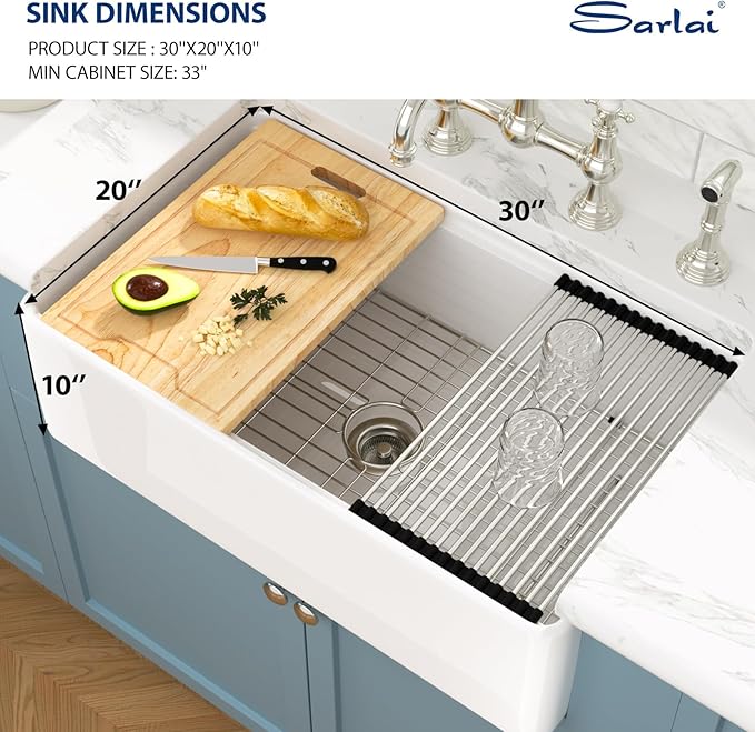 Sarlai 30 White Farmhouse Kitchen Sink - 30x20 Inch Farm Kitchen Sink Ledge Workstation White Ceramic Porcelain Fireclay Farmer Sinks 10" Inch Deep Single Bowl Basin with Assesories
